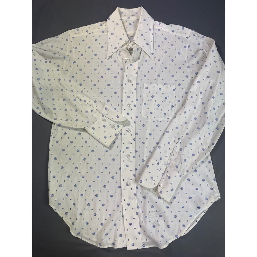 Teal III 70s Mens White Blue Geometric Print Button Down Shirt 16-35 Large